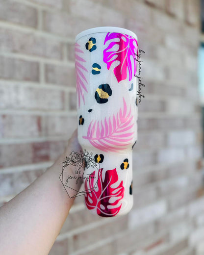 White & Pink Monstera Leopard Epoxy Tumbler