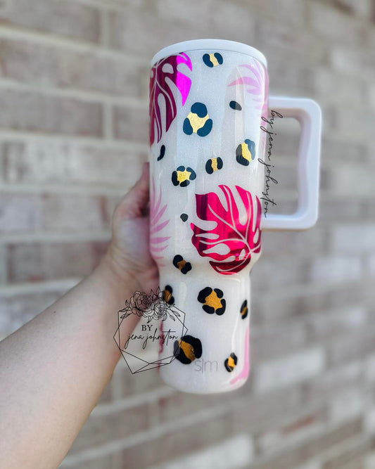 White & Pink Monstera Leopard Epoxy Tumbler