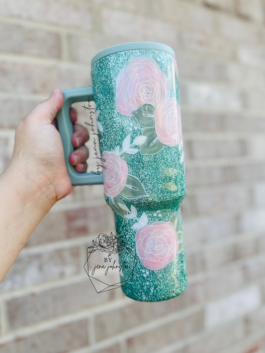 Simple Modern Seaglass Sage Painted Glitter Epoxy Tumbler